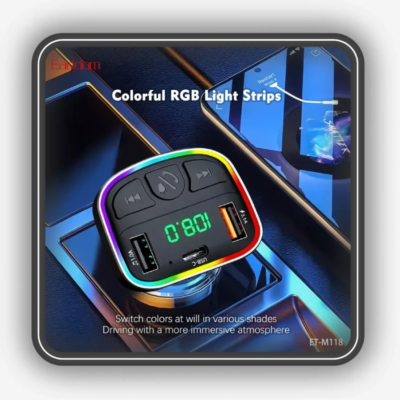 نورپردازی RGB پخش‌کننده اف ام و شارژر فندکی خودرو ارلدام مدل ET-M118