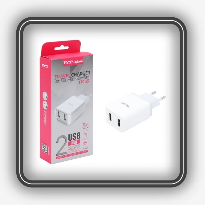نمای بستهبندی و بدنه شارژر دیواری تسکو مدل TTC 55 به همراه کابل تبدیل microUSB