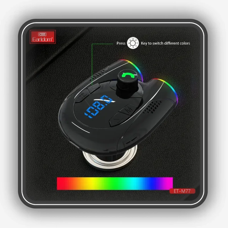 نمایشگر و نورپردازی RGB پخشکننده اف ام و شارژر فندکی خودرو ارلدام مدل ET-M77