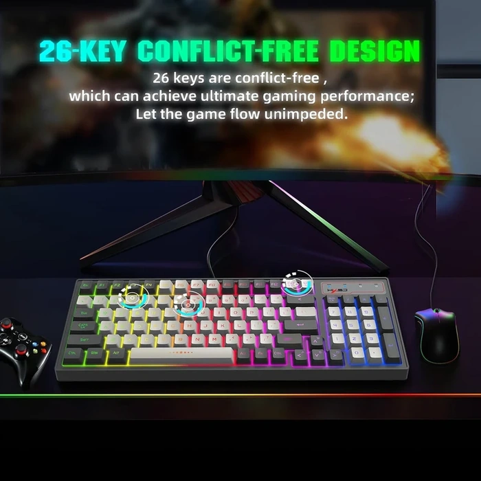 نمایش طراحی و نورپردازی RGB کیبورد گیمینگ HXSJ مدل V600