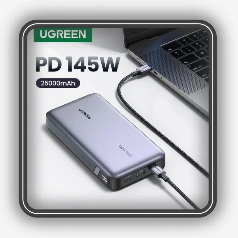 نمایش ظرفیت 25000 میلی‌آمپرساعت و توان خروجی پاوربانک یوگرین مدل PB205 کد 90597A