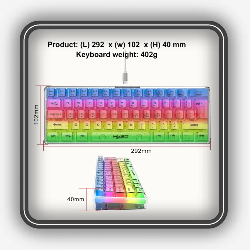نمایش ابعاد و وزن کیبورد گیمینگ شفاف HXSJ مدل V700T