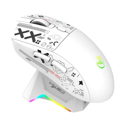 نمای ماوس گیمینگ بی سیم HXSJ مدل T90 Pro در رنگ سفید همراه با داک شارژ RGB.