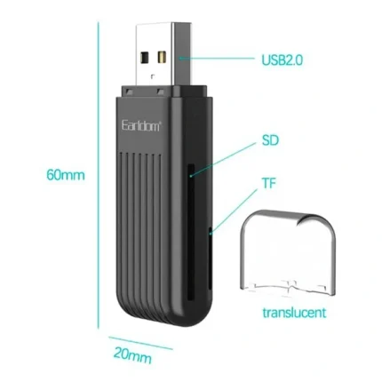 نمایش ابعاد 60 و 20 میلی‌متری رم ریدر ارلدام مدل ET-OT96 و شیارهای SD و TF