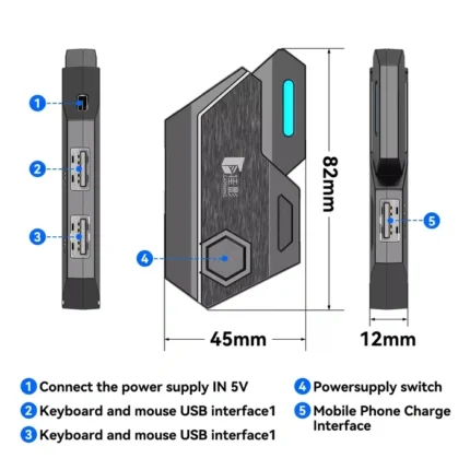نمایش ابعاد و درگاه‌های مبدل اتصال ماوس و کیبورد به موبایل مدل Mix Elite Plus