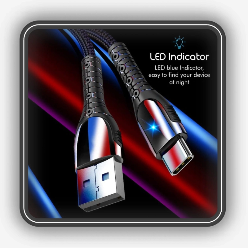 نمایش کابل شارژ تایپ سی پدارول مدل P4 با نور LED در قسمت کانکتورها