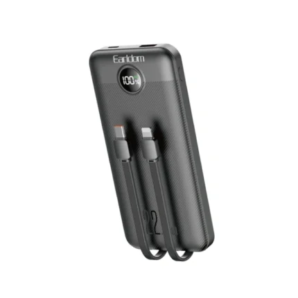 نمای نزدیک از کابل‌های داخلی USB-C و 8-Pin پاوربانک 10000 میلی آمپر ارلدام مدل ET-PD55