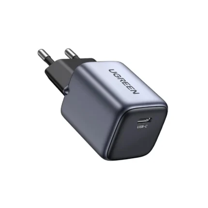 نمای محصول شارژر دیواری یوگرین مدل CD319 کد 90666 توان 30 وات با بدنه خاکستری و خروجی USB Type-C