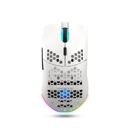 نمای روبه‌روی ماوس گیمینگ بی سیم HXSJ مدل T66 Pro با بدنه سفید، طراحی حفره‌ای و نورپردازی RGB