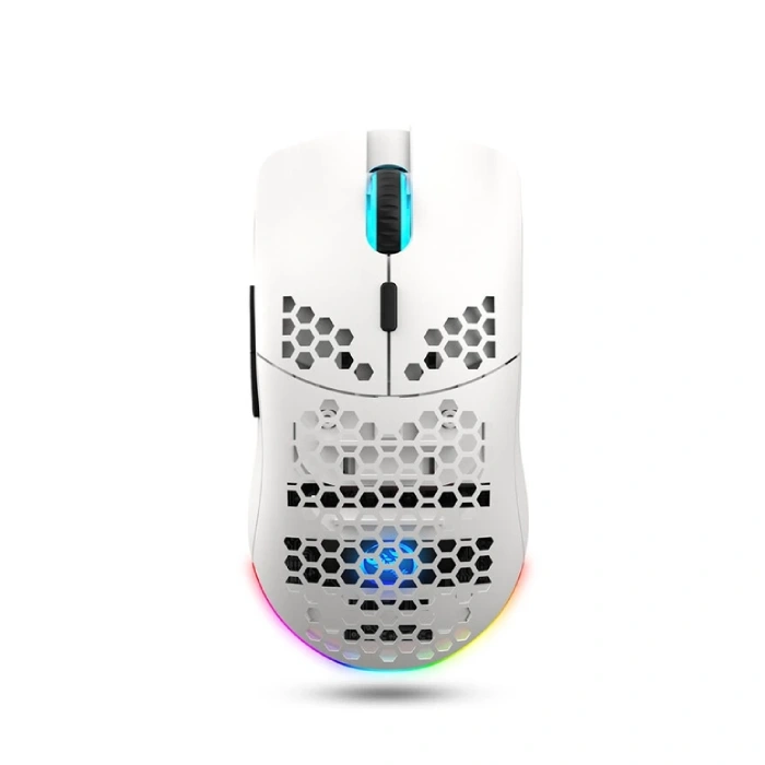 نمای روبه‌روی ماوس گیمینگ بی سیم HXSJ مدل T66 Pro با بدنه سفید، طراحی حفره‌ای و نورپردازی RGB