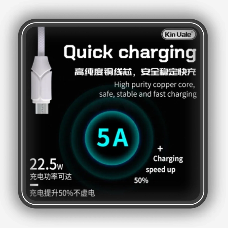 نمایش قابلیت Quick Charging، جریان 5 آمپر و توان 22.5 وات کابل تبدیل USB به USB-C کین واله مدل C-68